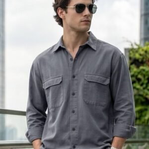 Men's Grey Cotton Full Sleeve Relaxed Fit Shacket with Utility Pockets