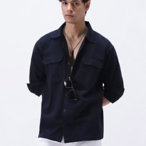 Men's Navy Cotton Full Sleeve Relaxed Fit Shacket with Utility Pockets