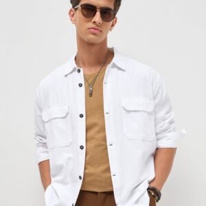 Men's White Cotton Full Sleeve Relaxed Fit Shacket with Utility Pockets