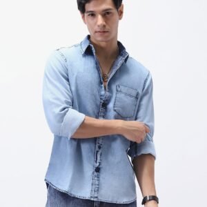 Men's Ice Blue Regular Fit Full Sleeve Washed Denim Shirt