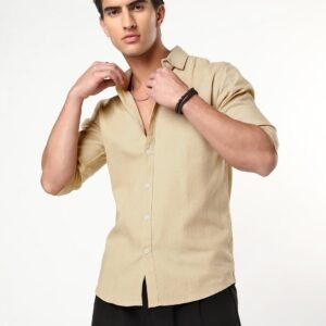 Men's Beige Linen Blend Full Sleeve Relaxed Fit Casual Solid Shirt
