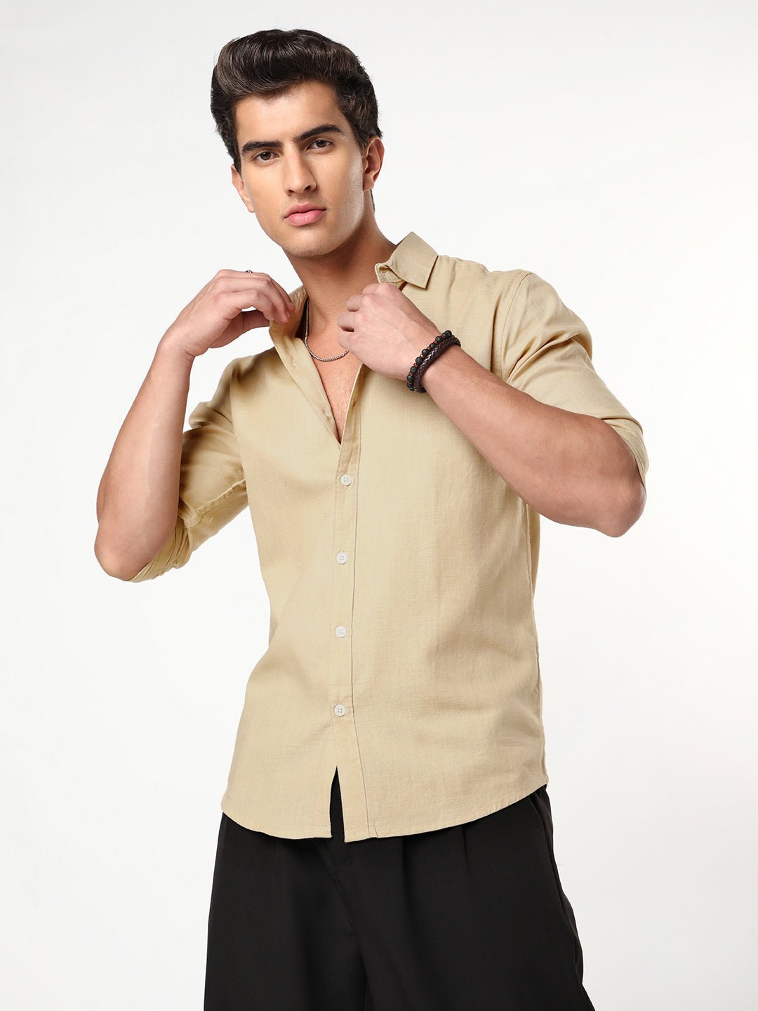 Men's Beige Linen Blend Full Sleeve Relaxed Fit Casual Solid Shirt