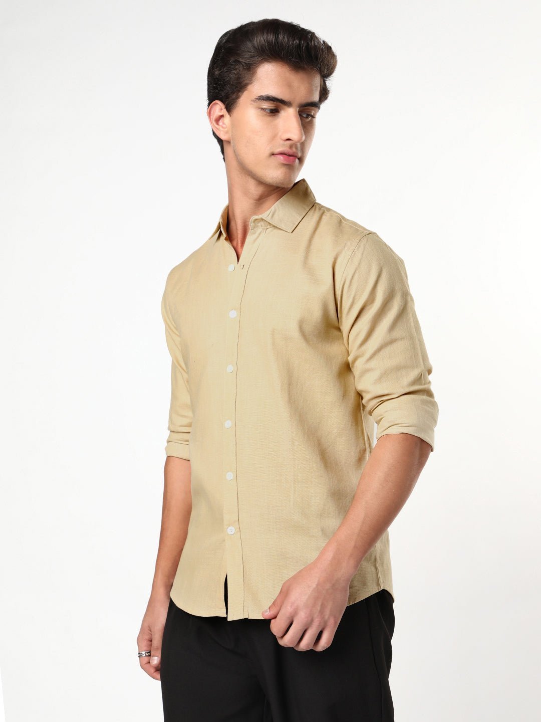 Men's Beige Linen Blend Full Sleeve Relaxed Fit Casual Solid Shirt - Image 2