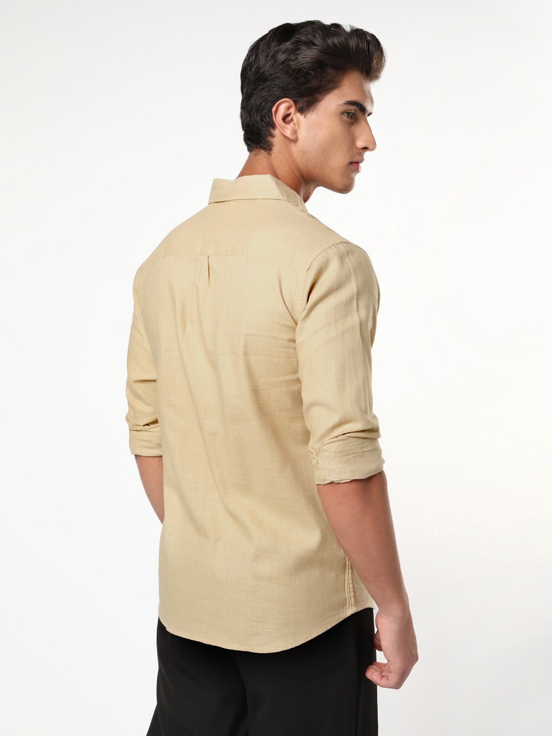 Men's Beige Linen Blend Full Sleeve Relaxed Fit Casual Solid Shirt - Image 3