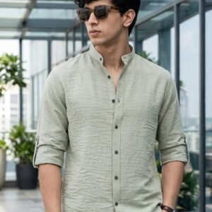 Men's Beige Linen Blend Full Sleeve Relaxed Fit Mandarin Collar Casual Solid Shirt