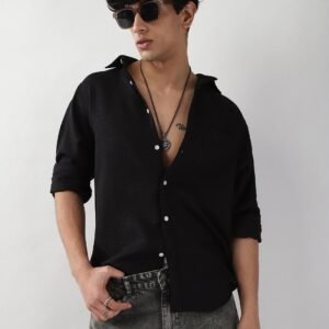 Men's Black Linen Blend Full Sleeve Relaxed Fit Casual Solid Shirt