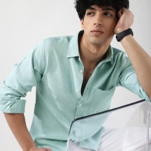 Men's Light Blue Linen Blend Full Sleeve Relaxed Fit Casual Solid Shirt