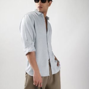 Men's Light Grey Linen Blend Full Sleeve Relaxed Fit Casual Solid Shirt