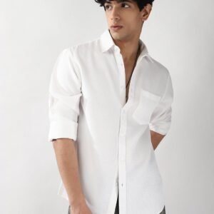 Men's White Linen Blend Full Sleeve Relaxed Fit Casual Solid Shirt