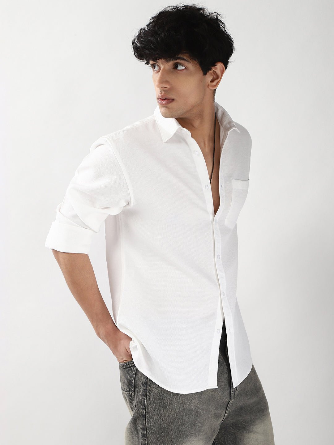 Men's White Linen Blend Full Sleeve Relaxed Fit Casual Solid Shirt - Image 2