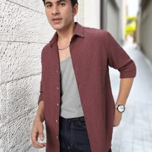 Men's Mauve Cotton Full Sleeve Regular Fit Textured Shirt with Spread Collar