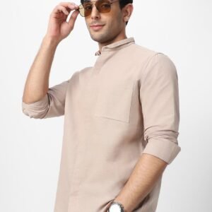 Men's Brown Cotton Full Sleeve Regular Fit Casual Solid Shirt with Band Collar