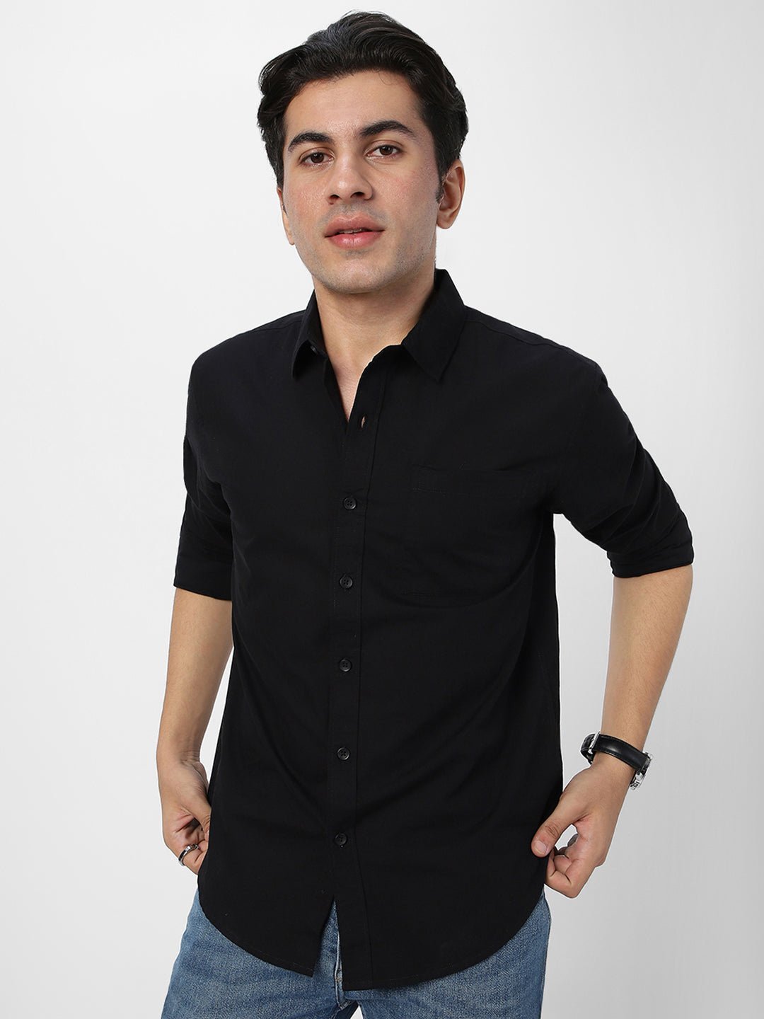 Men's Black Cotton Full Sleeve Regular Fit Casual Solid Shirt - Image 2