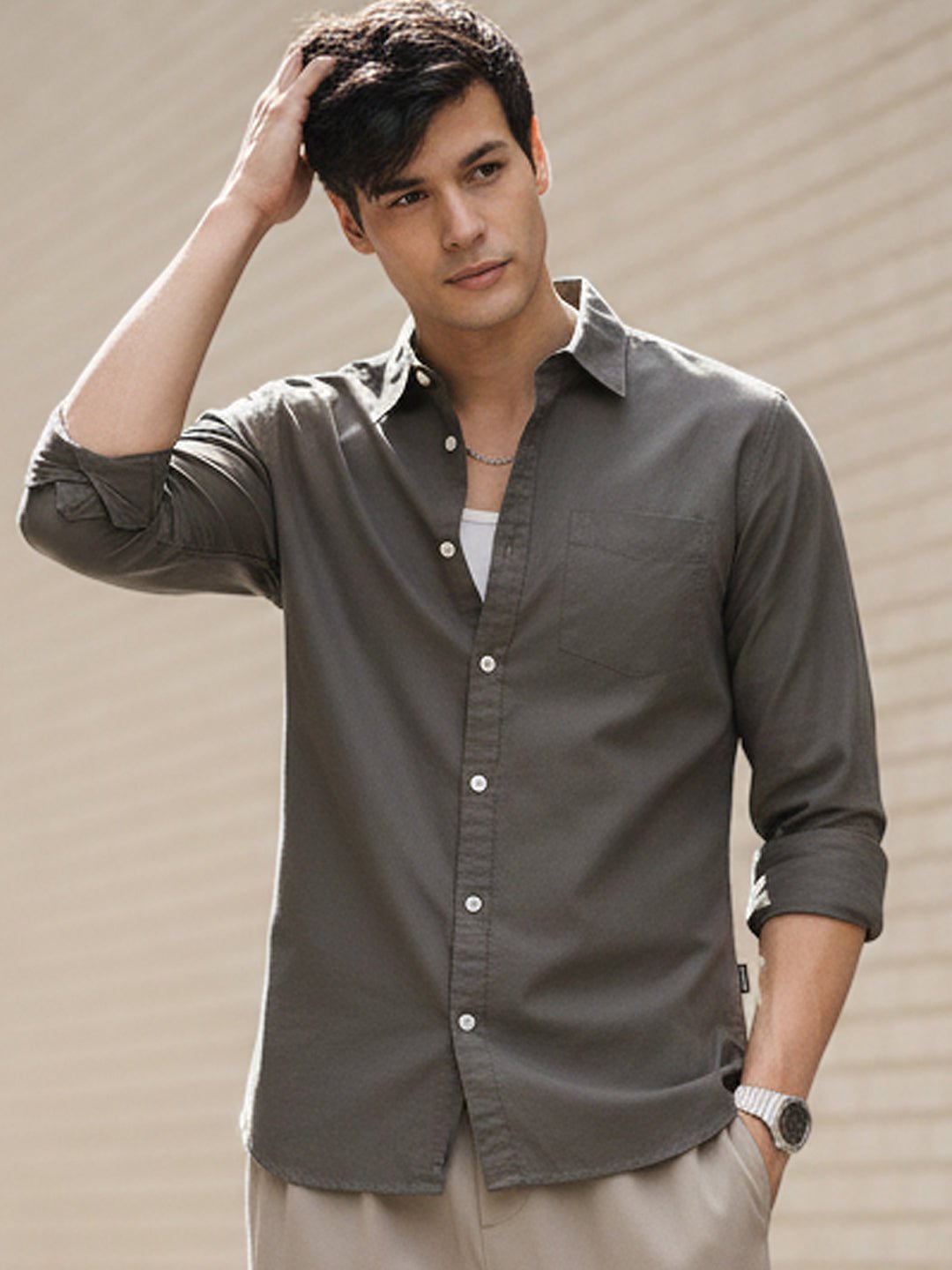 Men's Dark Grey Cotton Full Sleeve Regular Fit Casual Solid Shirt