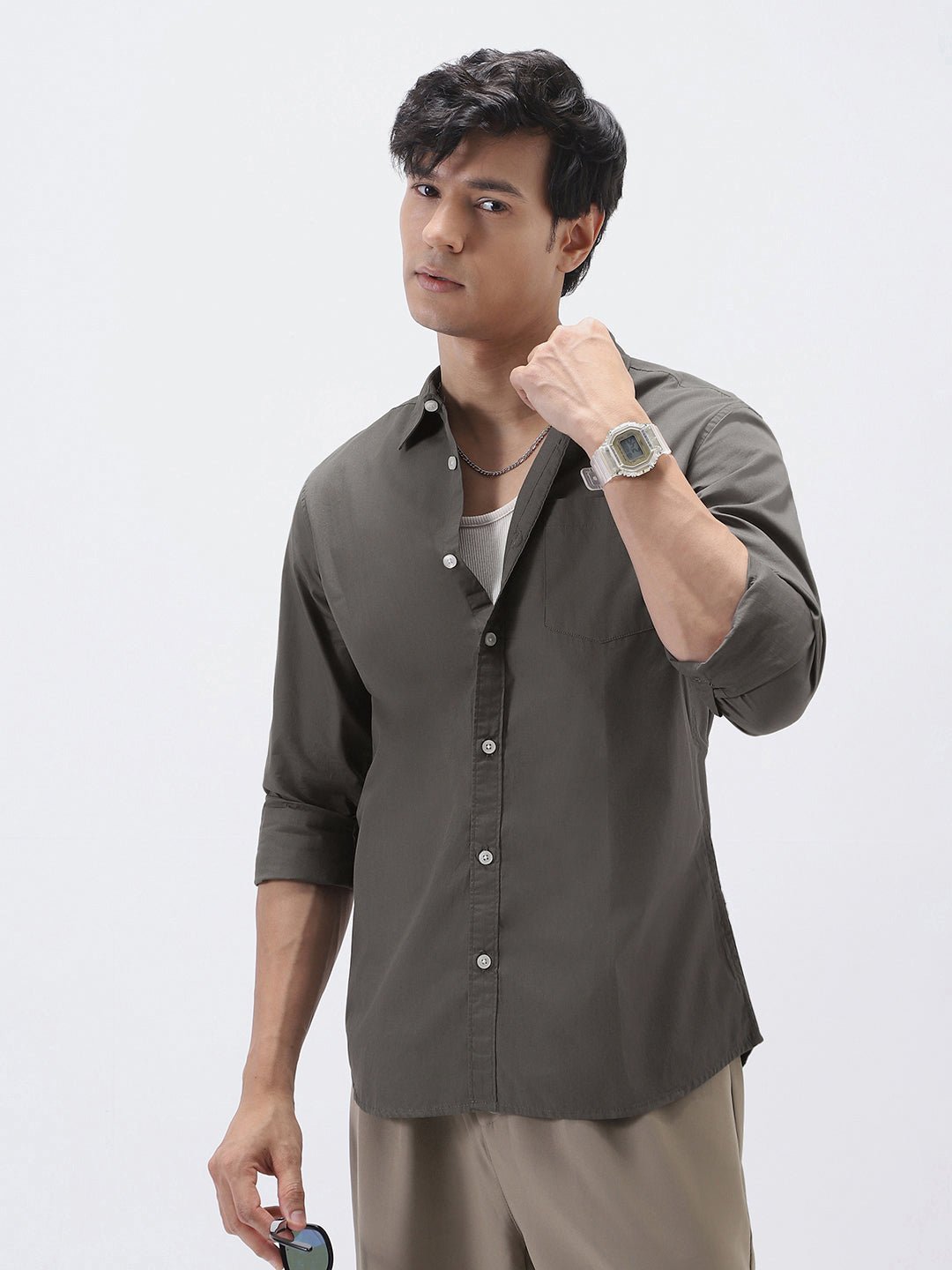 Men's Dark Grey Cotton Full Sleeve Regular Fit Casual Solid Shirt - Image 2