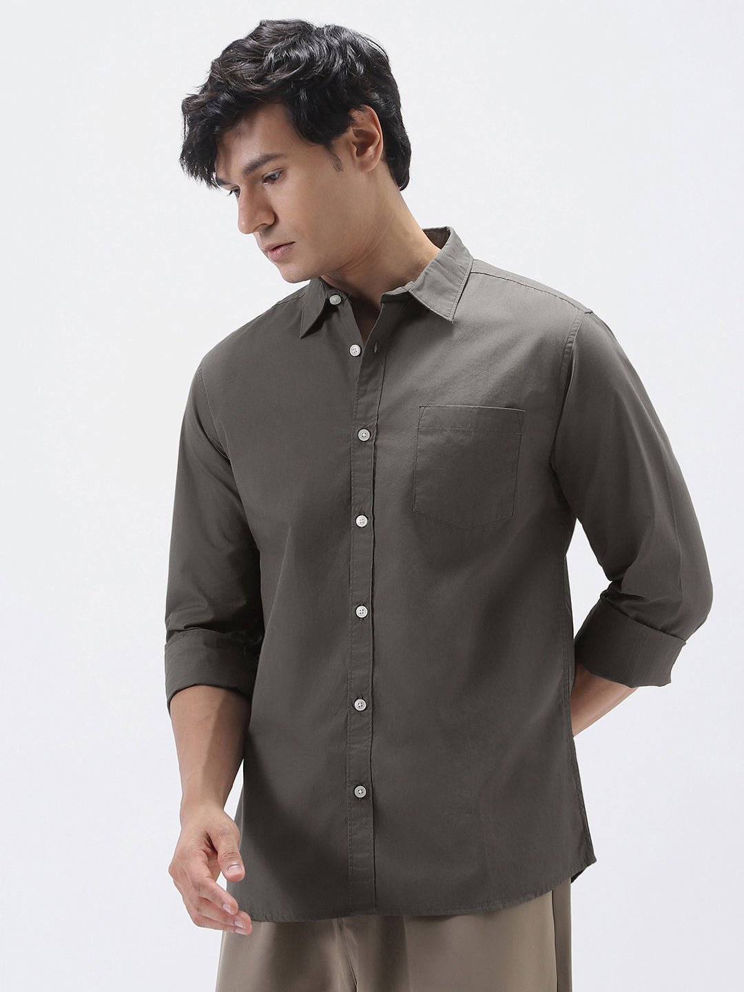 Men's Dark Grey Cotton Full Sleeve Regular Fit Casual Solid Shirt - Image 3