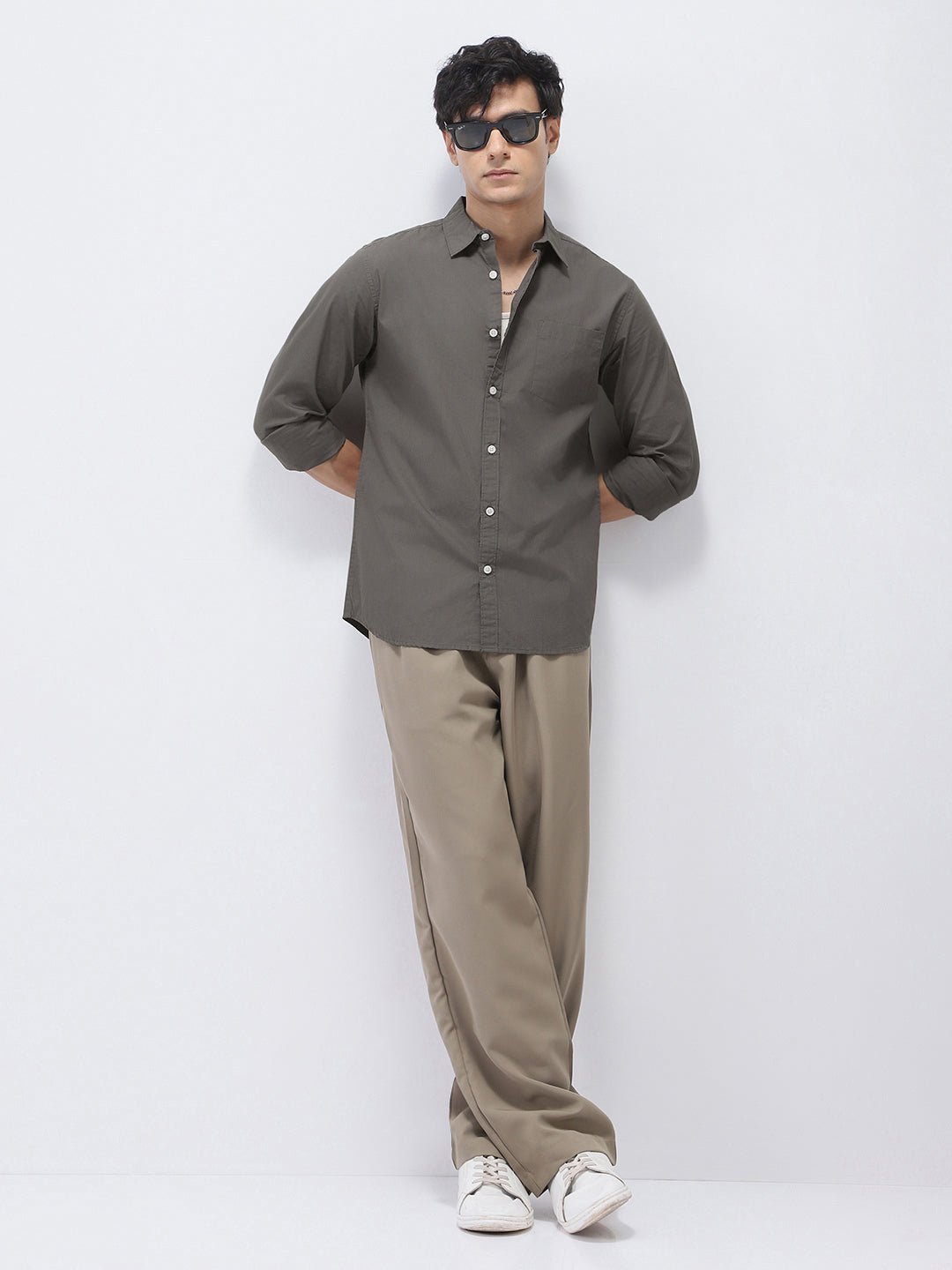 Men's Dark Grey Cotton Full Sleeve Regular Fit Casual Solid Shirt - Image 5