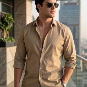 Men's Light Brown Cotton Full Sleeve Regular Fit Casual Solid Shirt