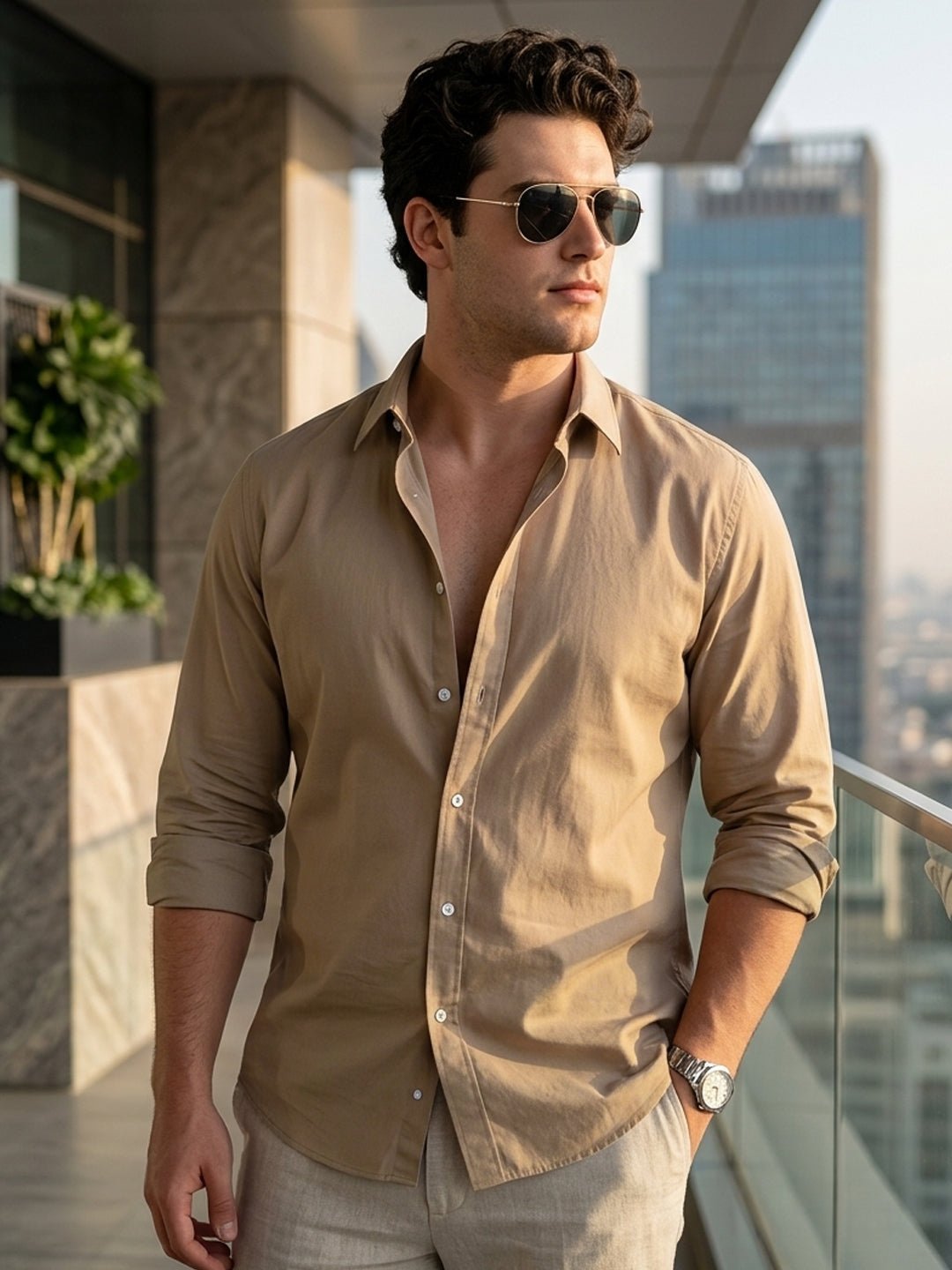 Men's Light Brown Cotton Full Sleeve Regular Fit Casual Solid Shirt