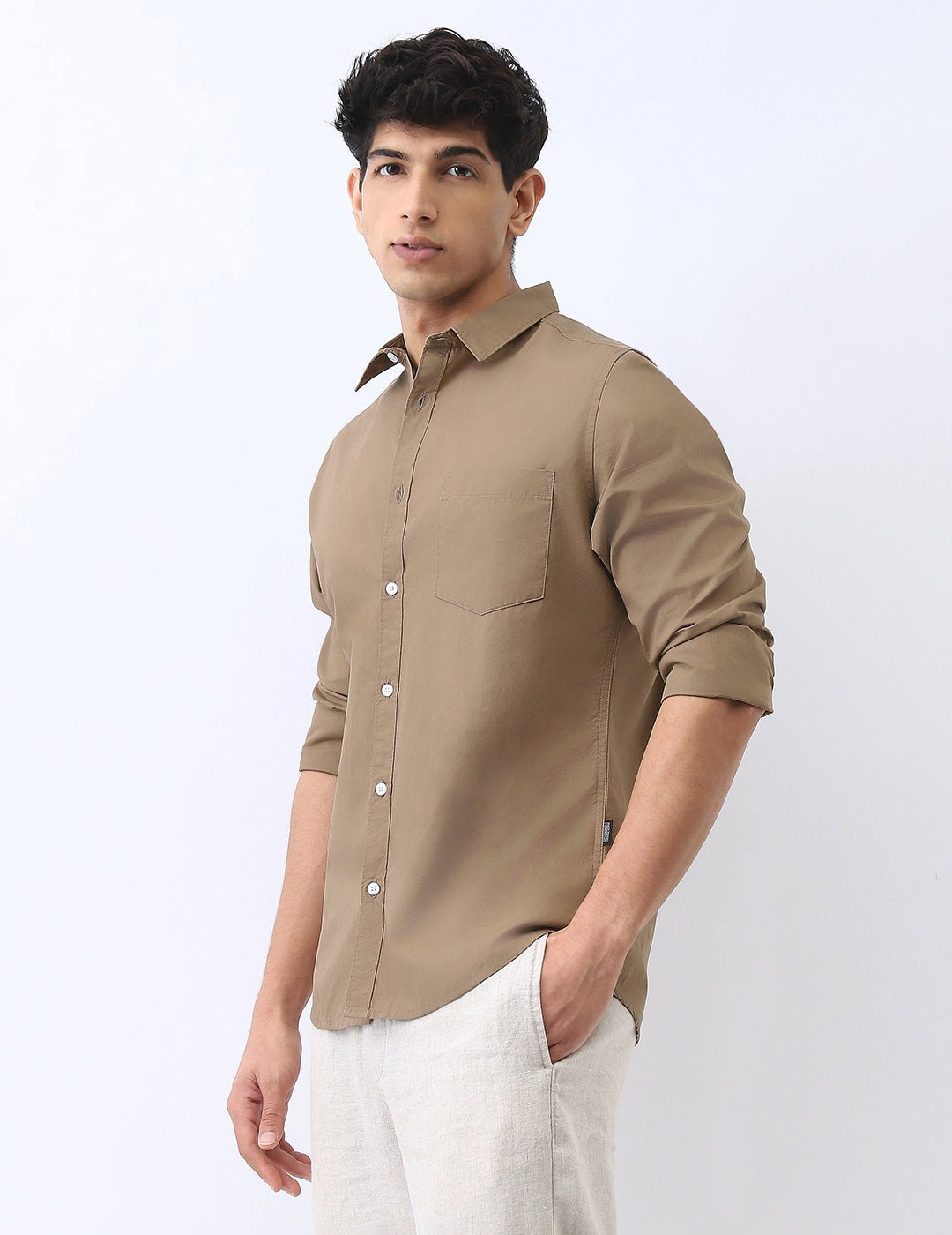 Men's Light Brown Cotton Full Sleeve Regular Fit Casual Solid Shirt - Image 3