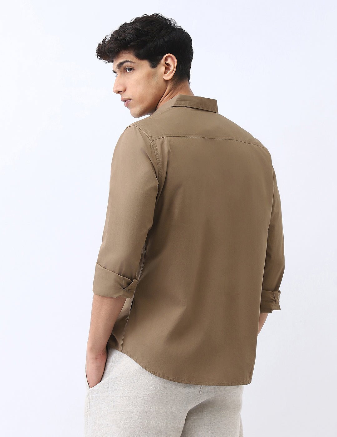 Men's Light Brown Cotton Full Sleeve Regular Fit Casual Solid Shirt - Image 4