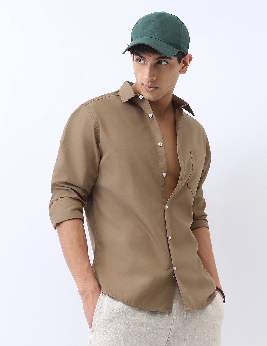 Men's Light Brown Cotton Full Sleeve Regular Fit Casual Solid Shirt - Image 2