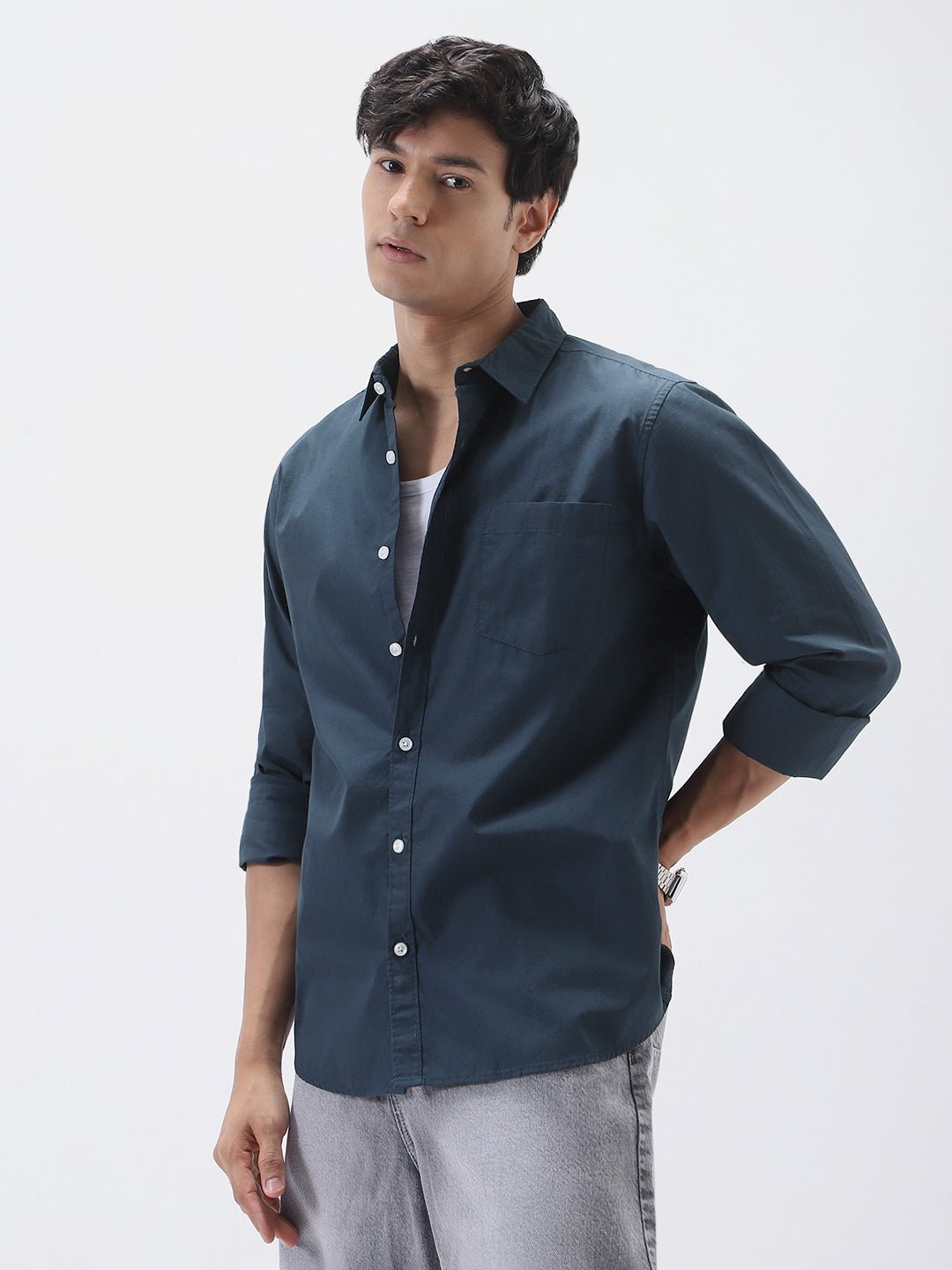 Men's Navy Cotton Full Sleeve Regular Fit Casual Solid Shirt - Image 2