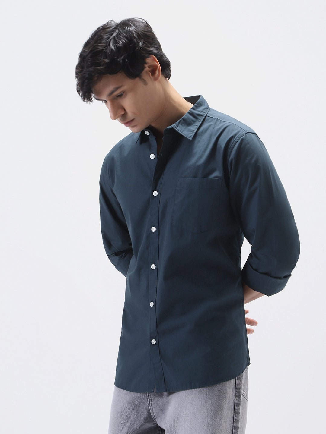 Men's Navy Cotton Full Sleeve Regular Fit Casual Solid Shirt - Image 3