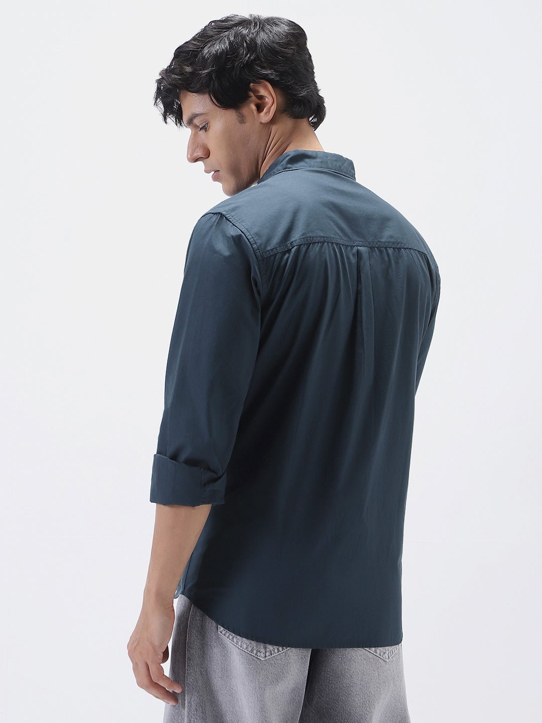 Men's Navy Cotton Full Sleeve Regular Fit Casual Solid Shirt - Image 4