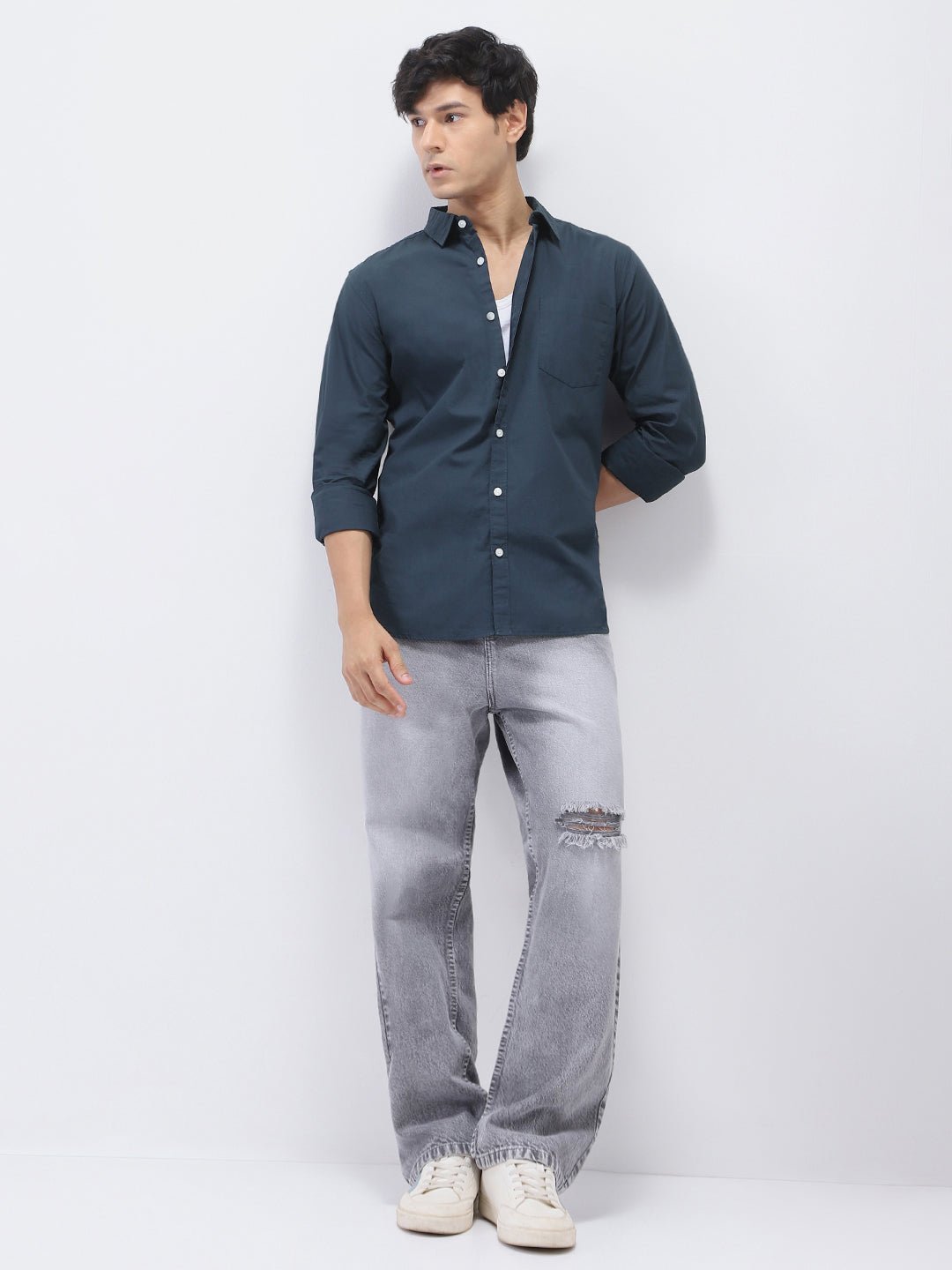 Men's Navy Cotton Full Sleeve Regular Fit Casual Solid Shirt - Image 5