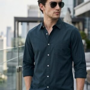 Men's Navy Cotton Full Sleeve Regular Fit Casual Solid Shirt