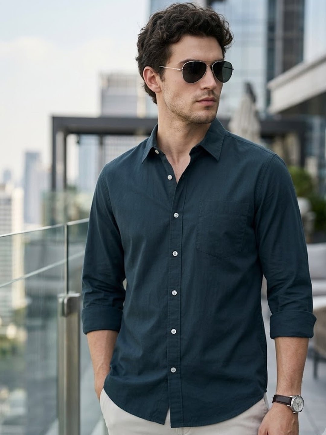 Men's Navy Cotton Full Sleeve Regular Fit Casual Solid Shirt