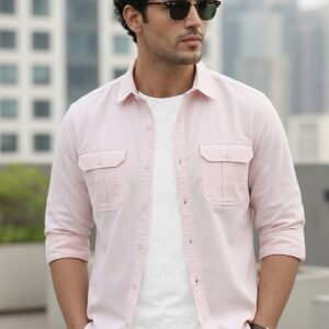 Men's Baby Pink Cotton Full Sleeve Regular Fit Casual Solid Shirt