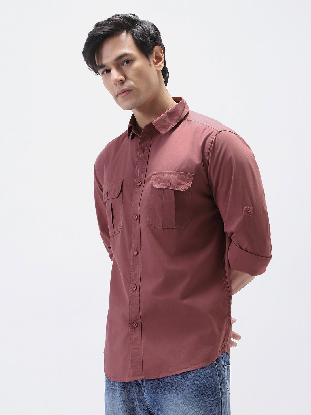 Men's Dusty Pink Cotton Full Sleeve Regular Fit Casual Solid Shirt - Image 2