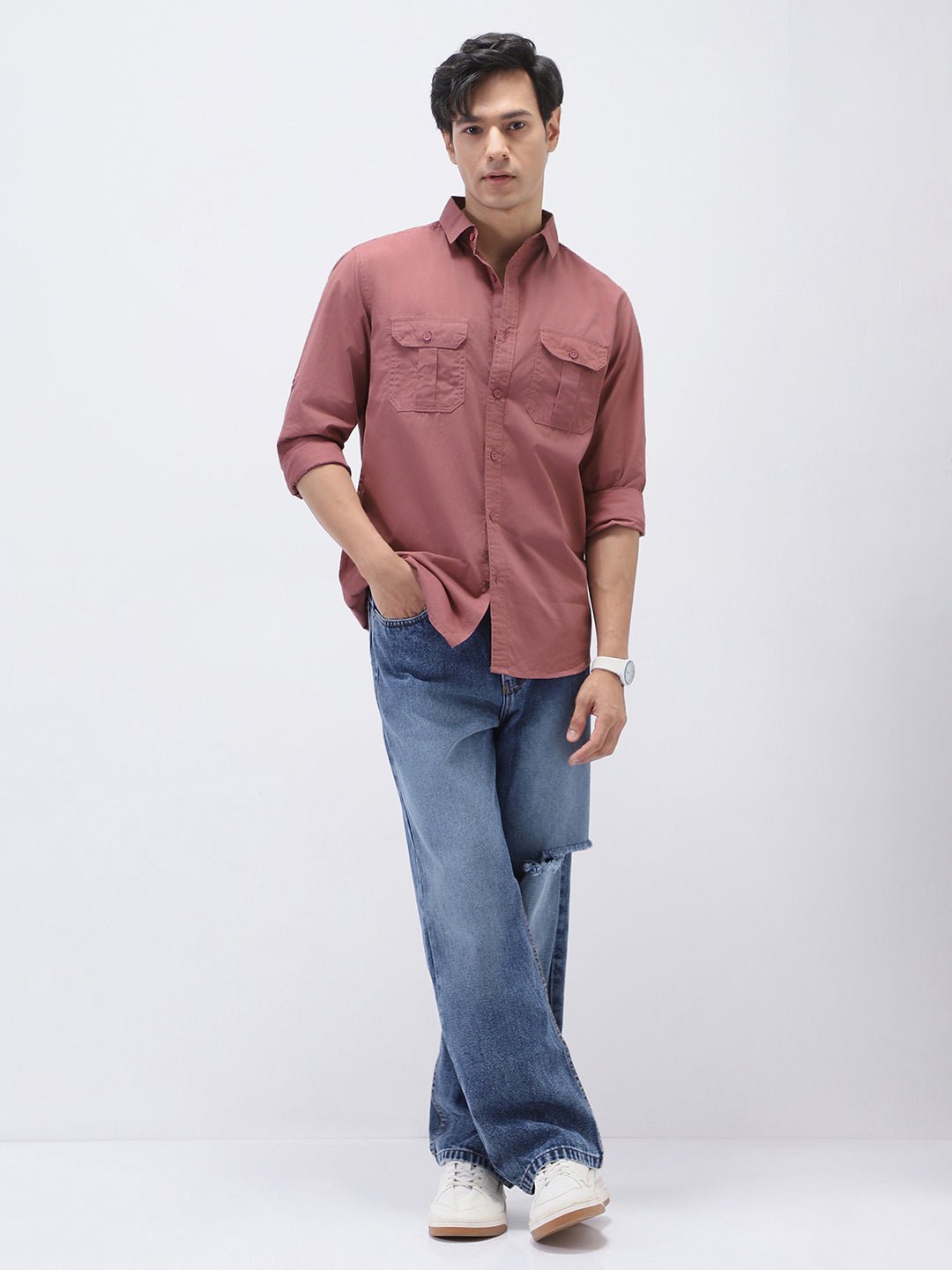 Men's Dusty Pink Cotton Full Sleeve Regular Fit Casual Solid Shirt - Image 4