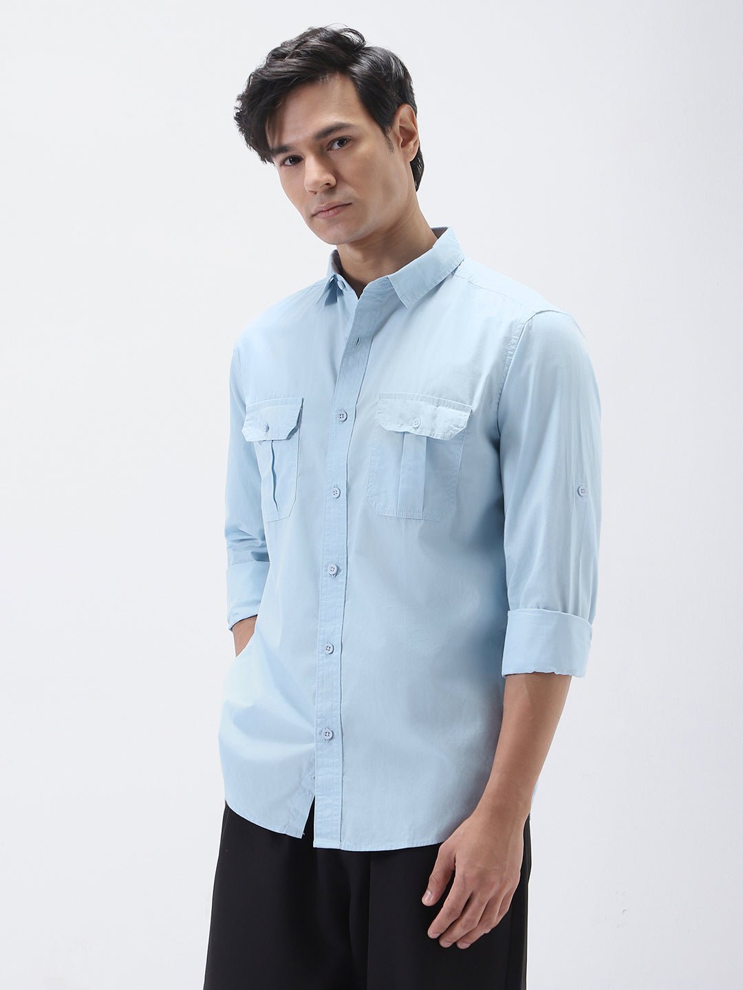 Men's Light Blue Cotton Full Sleeve Regular Fit Casual Solid Shirt - Image 2