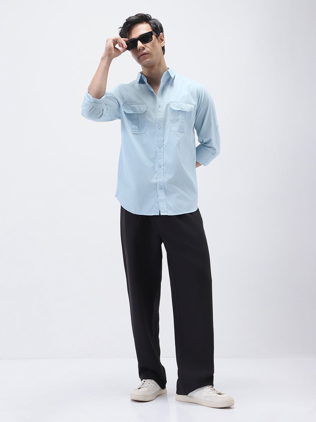 Men's Light Blue Cotton Full Sleeve Regular Fit Casual Solid Shirt - Image 4