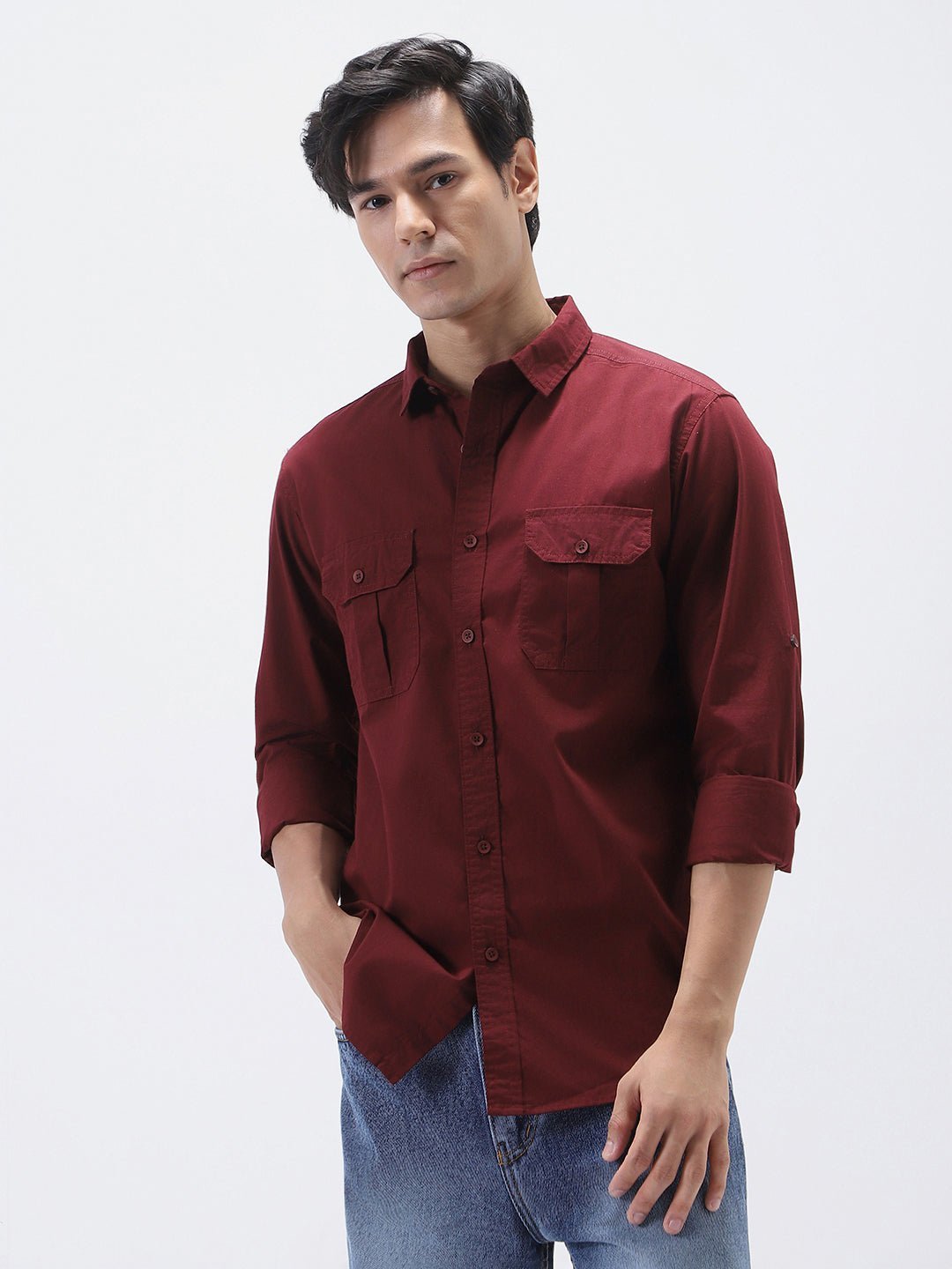 Men's Maroon Cotton Full Sleeve Regular Fit Casual Solid Shirt - Image 3