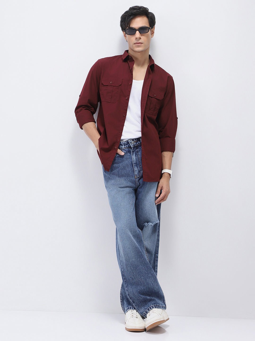 Men's Maroon Cotton Full Sleeve Regular Fit Casual Solid Shirt - Image 5
