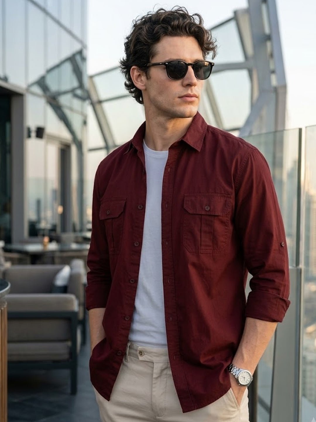 Men's Maroon Cotton Full Sleeve Regular Fit Casual Solid Shirt