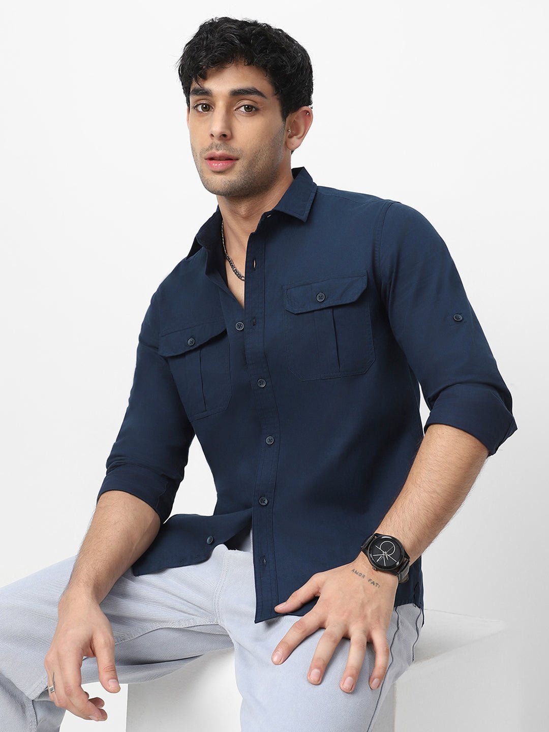 Men's Navy Cotton Full Sleeve Regular Fit Casual Solid Shirt - Image 2