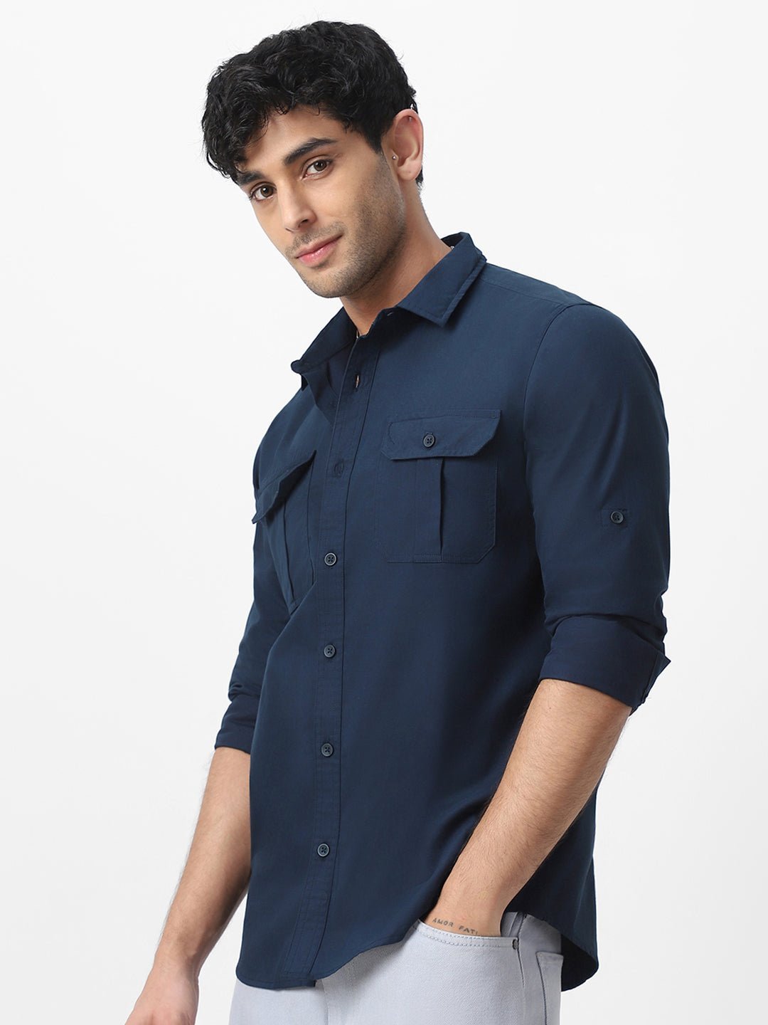Men's Navy Cotton Full Sleeve Regular Fit Casual Solid Shirt - Image 3