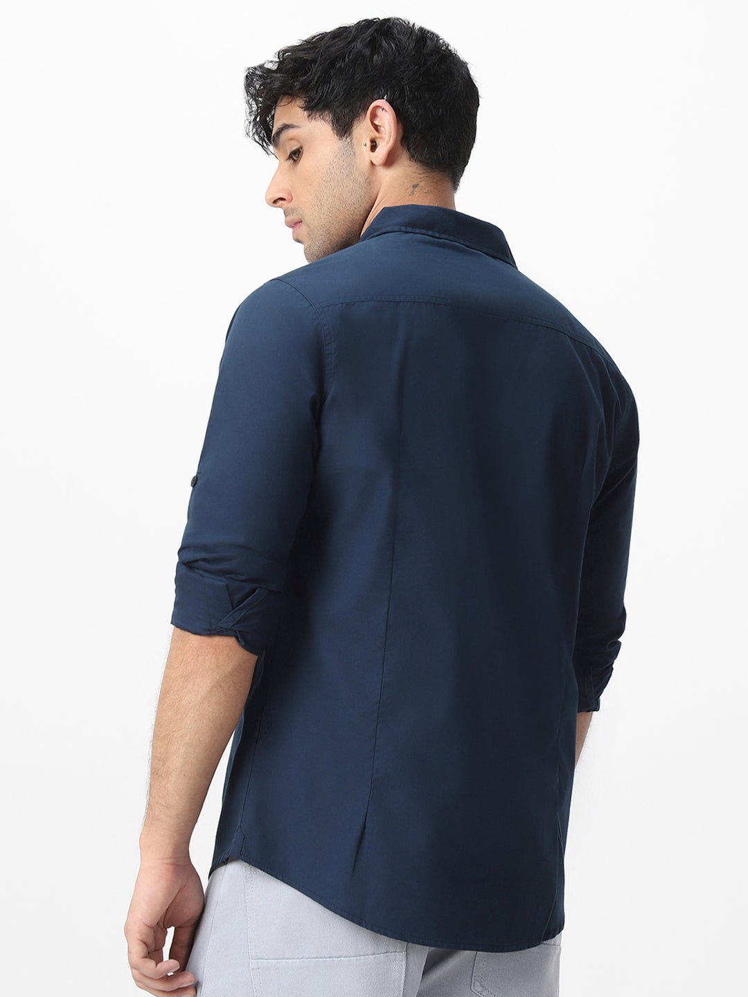 Men's Navy Cotton Full Sleeve Regular Fit Casual Solid Shirt - Image 4