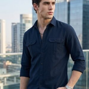 Men's Navy Cotton Full Sleeve Regular Fit Casual Solid Shirt