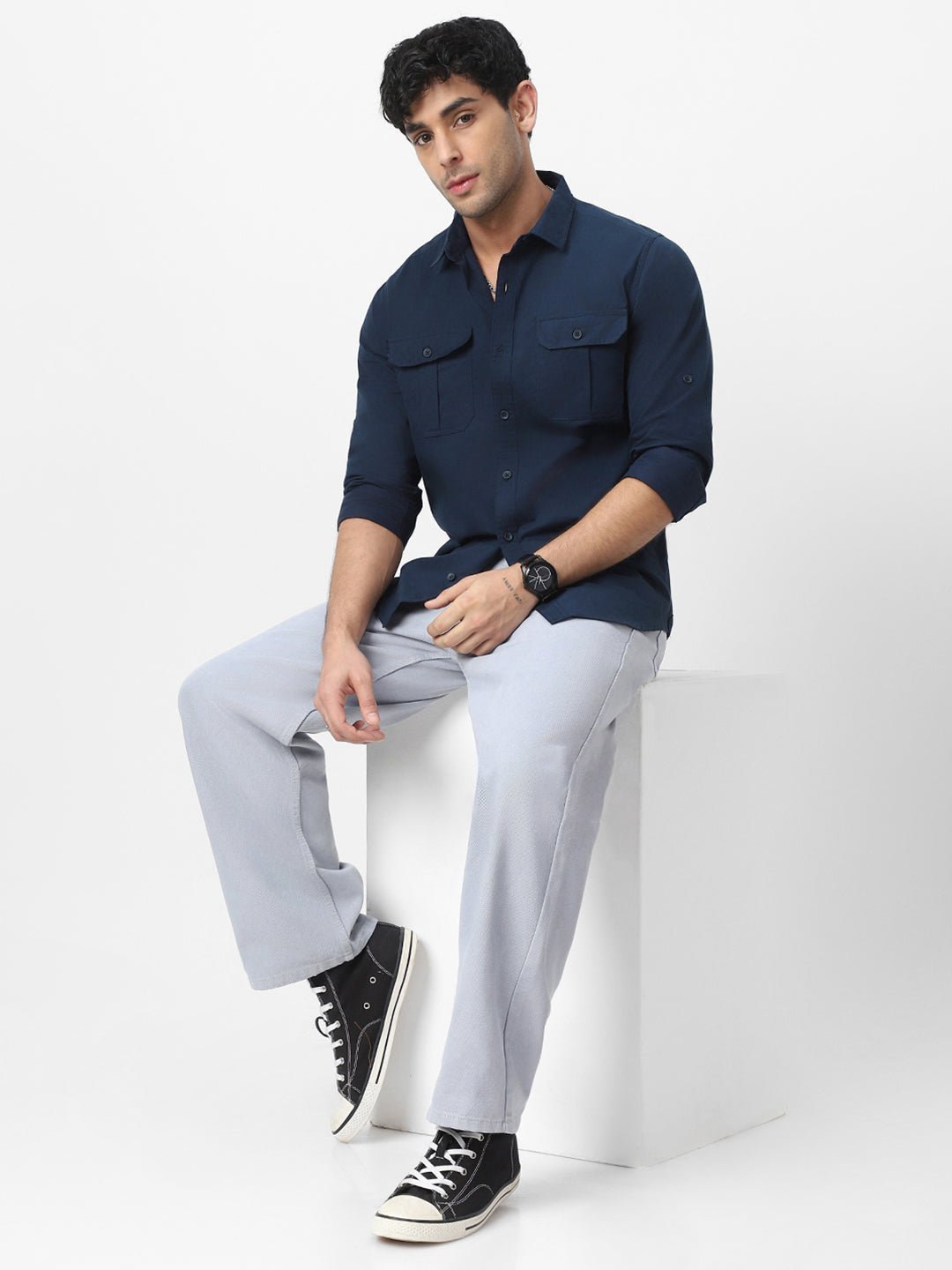 Men's Navy Cotton Full Sleeve Regular Fit Casual Solid Shirt - Image 5