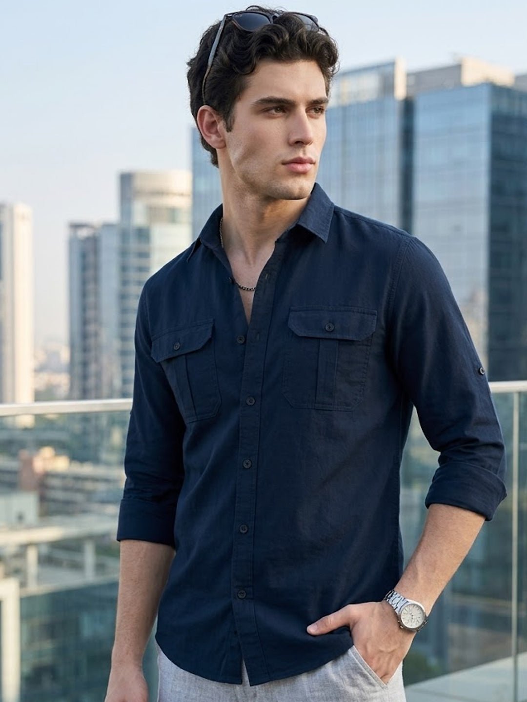 Men's Navy Cotton Full Sleeve Regular Fit Casual Solid Shirt